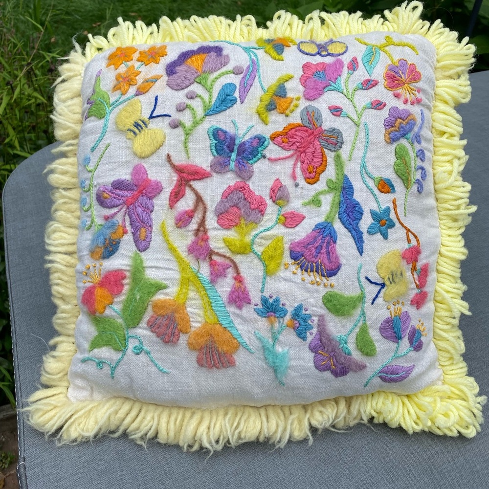 Vintage shabby chic cottage core crewel throw pillow handmade accent pillow